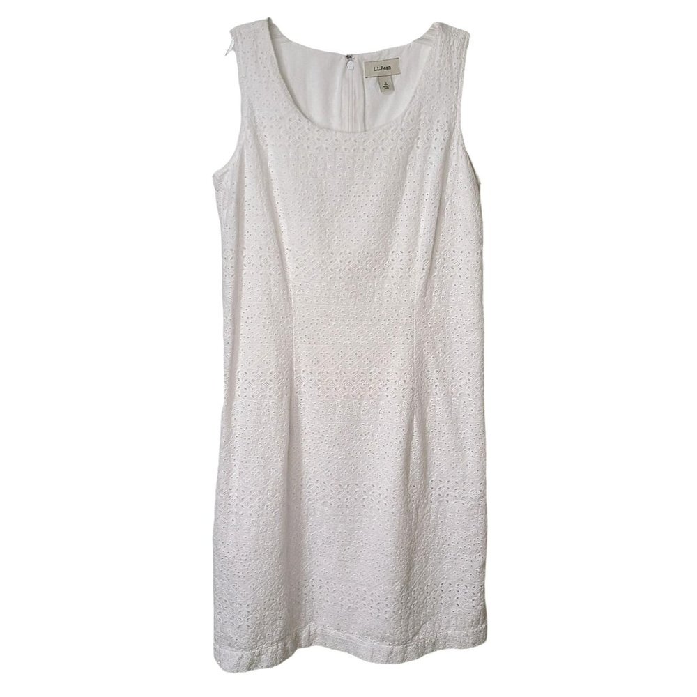 Vintage LL Bean 100% Cotton White Eyelet Shift Dress VGUC
